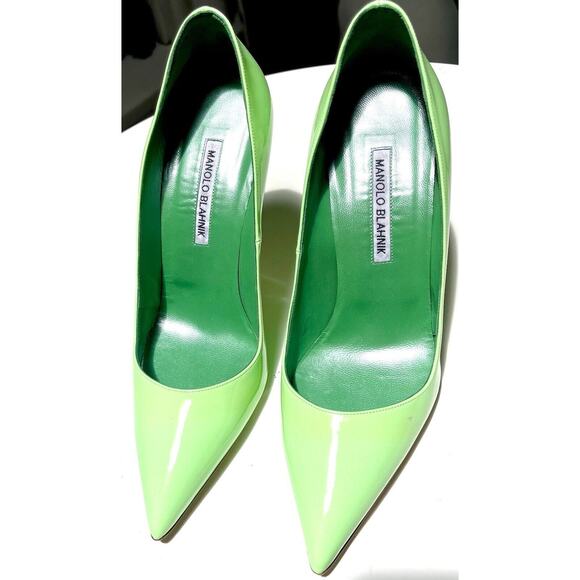 Manolo Blahnik Neon Pastel Green Pumps Heels 39 1/2 Thin Tall Square Stick Heel - Picture 2 of 10